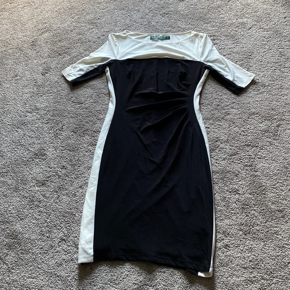 Lauren Ralph Lauren Black White Colorblock Ruched Sheath Dress Career SIZE 4